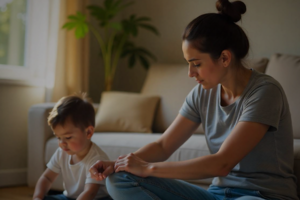 mãe brincando com o filho no chão da sala